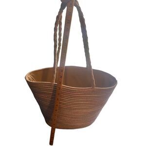 Beach Bag blue pink stripes with tan fabric and woven handles Large